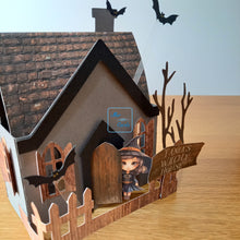 Load image into Gallery viewer, Haunted Halloween house card with ghosts and bats
