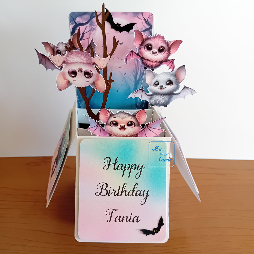 Pastel vampire bat pop up box card