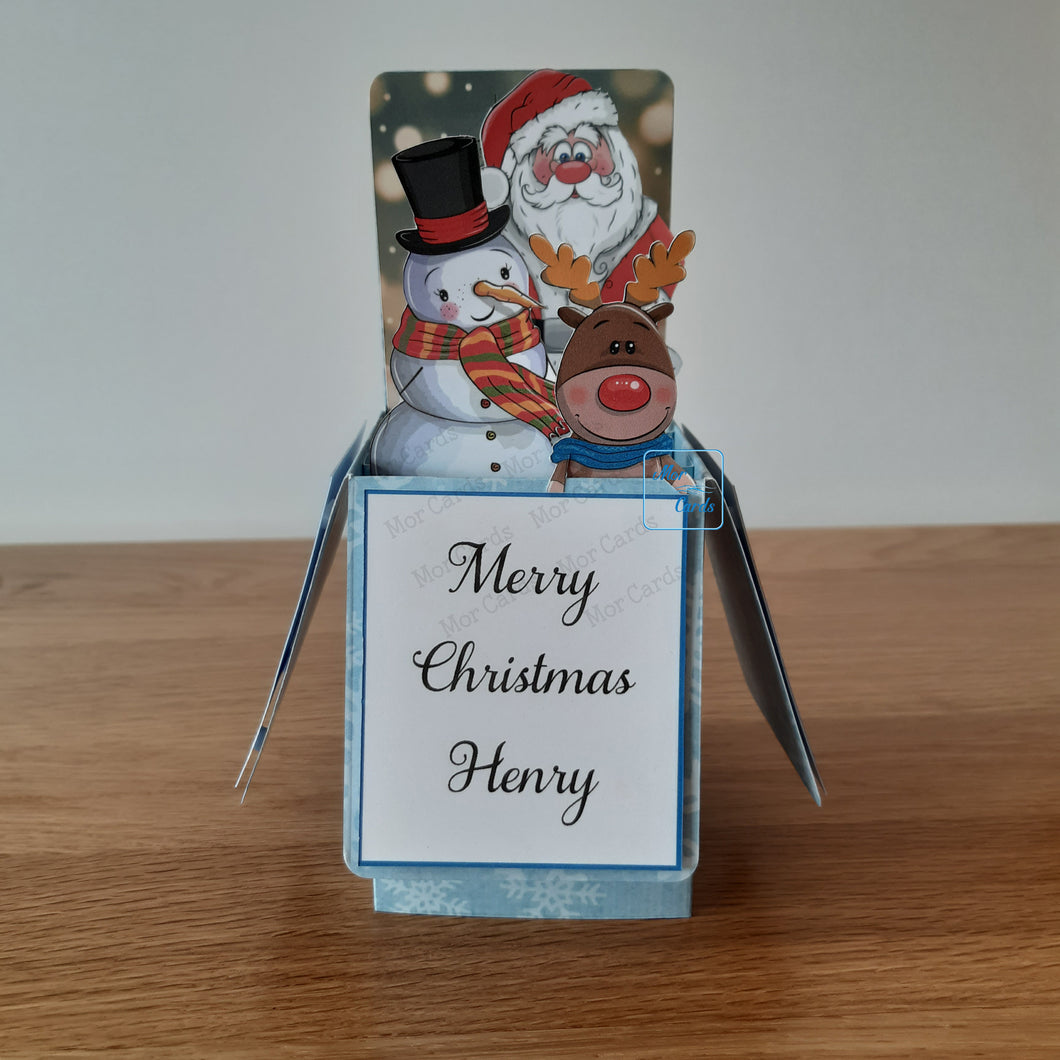 Cute Santa, reindeer and snowman Christmas pop up box card