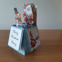 Load image into Gallery viewer, Cute Santa, reindeer and snowman Christmas pop up box card
