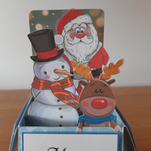 Load image into Gallery viewer, Cute Santa, reindeer and snowman Christmas pop up box card
