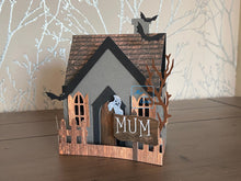 Load image into Gallery viewer, Haunted Halloween house card with ghosts and bats
