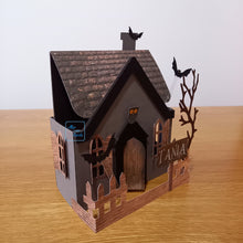 Load image into Gallery viewer, Haunted Halloween house card with ghosts and bats
